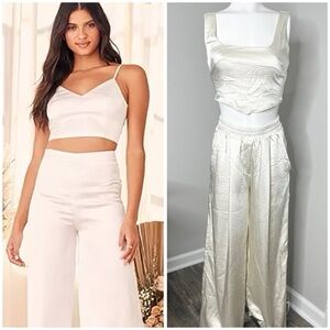 F21 WHITE SATIN CROP TOP PNTS SET - SMALL - PRELOVED